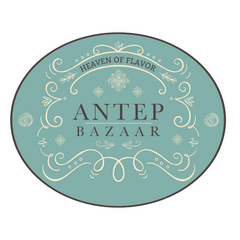 Round logo for Antep Bazaar with decorative elements on a light blue background
