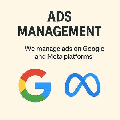 Advertisement management service with Google and Meta platform logos on a beige background