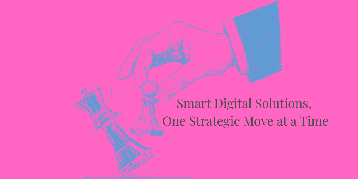 Hand holding a blue card with chess pieces on a pink background, featuring text about smart digital solutions.