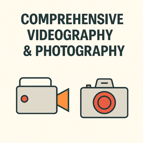Comprehensive Videography & Photography' with video camera and camera icons on a beige background