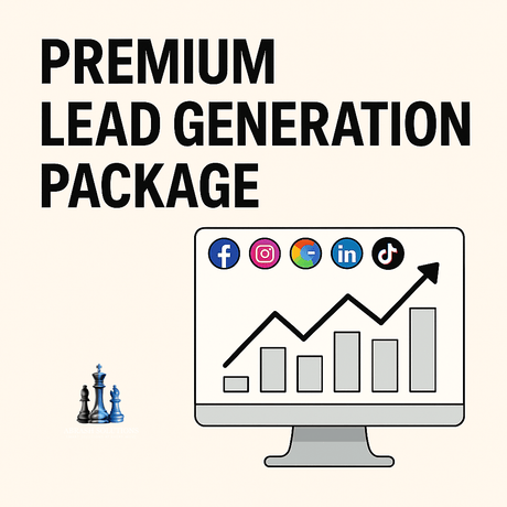 Advertisement for a premium lead generation package with a computer monitor showing social media icons and a bar graph.